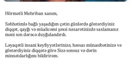 Flora Kərimova Mehriban Əliyevaya təşəkkür etdi