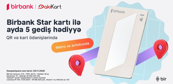 Birbank Star kartı ilə ictimai nəqliyyatda hər ay 5 gediş ödənişsizdir
