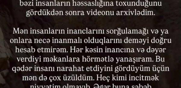 “Əshabi-Kəhf” paylaşımına görə üzr İstədi - Heç kimi incitmək NİYYƏTİM OLMAYIB