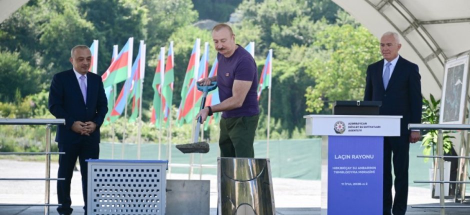 İlham Əliyev Laçında “Həkəriçay” su anbarının təməlini qoydu - FOTOLAR