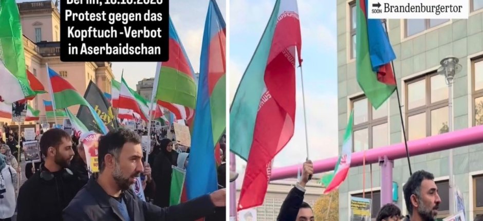 İran bayraqları, fars dilində şüarlar... -  Almaniyadakı aksiyada diqqətçəkən MƏQAMLAR