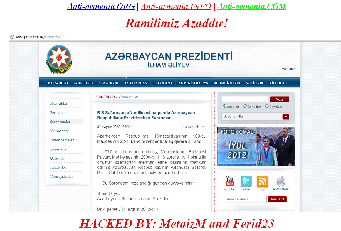 ‘Ramilimiz Azaddır!’ - Xakerlərdən ermənilərə sürpriz