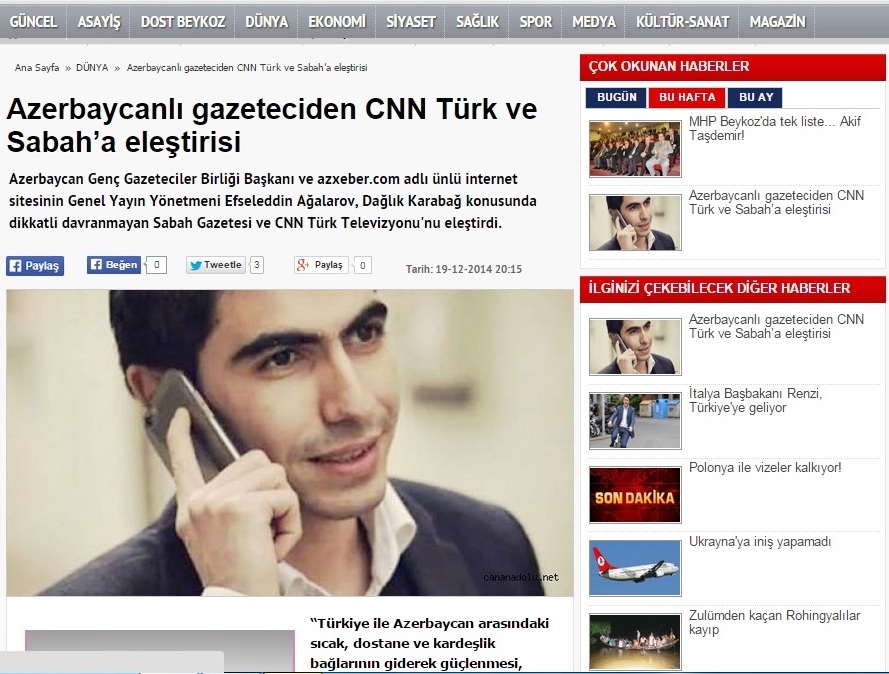 Azərbaycanlı jurnalist Türkiyə mətbuatında ‘CNN Türk’ə cavab verdi