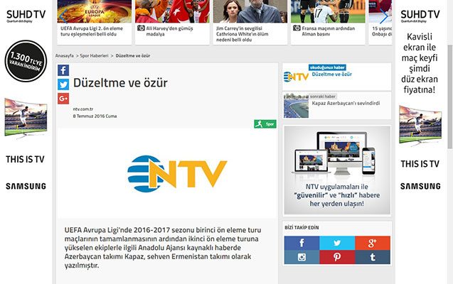 “NTV Spor” Azərbaycandan üzr istədi