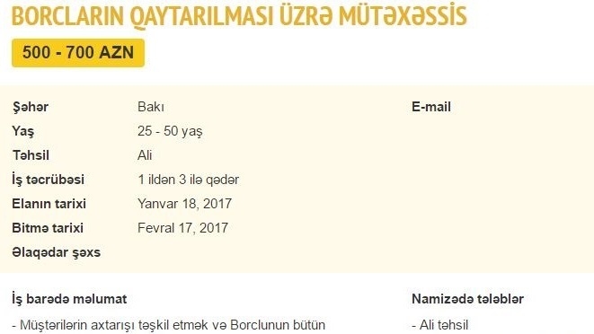 Banka borcu olanlardan pulu zorla almaq üçün işçi axtarılır - 700 AZN maaş