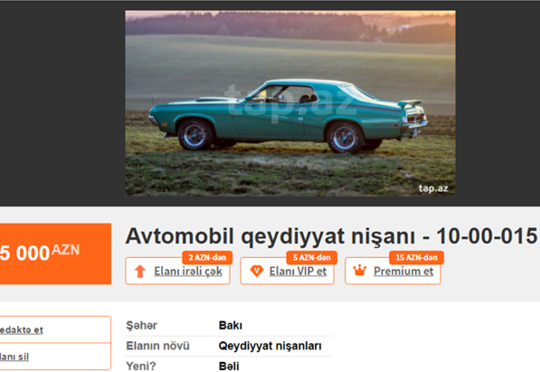 65 000 manata avtomobil nömrəsi satışa çıxarıldı- Azərbaycanda