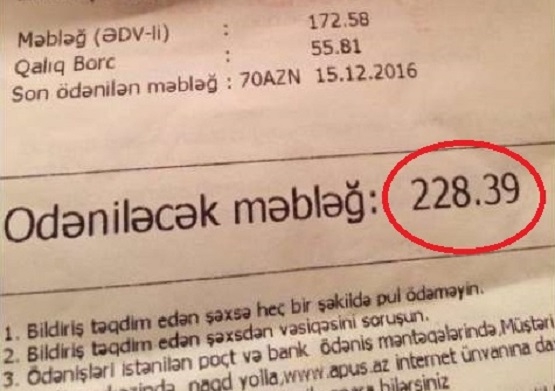 Bakıda sakinləri şok-a salan qəbz: 220 manatlıq kommunal haqqı