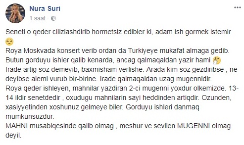 Nuradan həmkarına dəstək: "Azərbaycanda Röya qədər işləyən ikinci müğənni yoxdur"