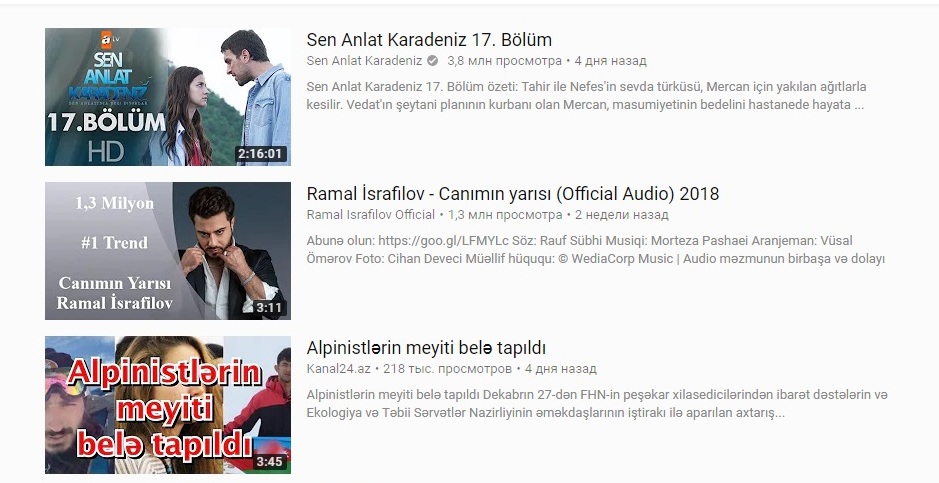 Son 1 həftədə "Youtube"də azərbaycanlıların ən çox izlədiyi - VİDEOLAR