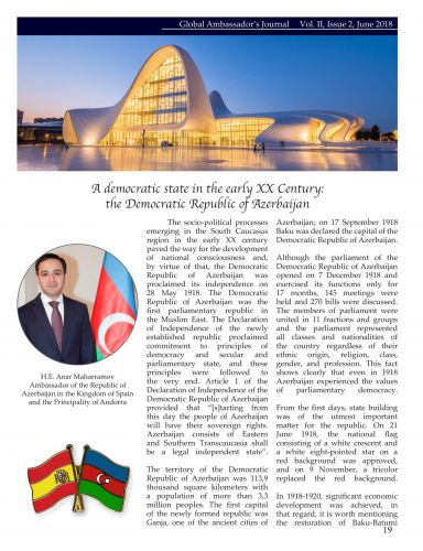 ABŞ-ın nüfuzlu “Global Ambassadors” jurnalında Cümhuriyyətin 100 illik yubileyinə həsr olunmuş məqalə dərc edilib