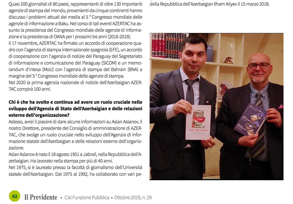 AZƏRTAC-ın xüsusi müxbirinin müsahibəsi İtaliyanın məşhur jurnalında dərc olunub - FOTO
