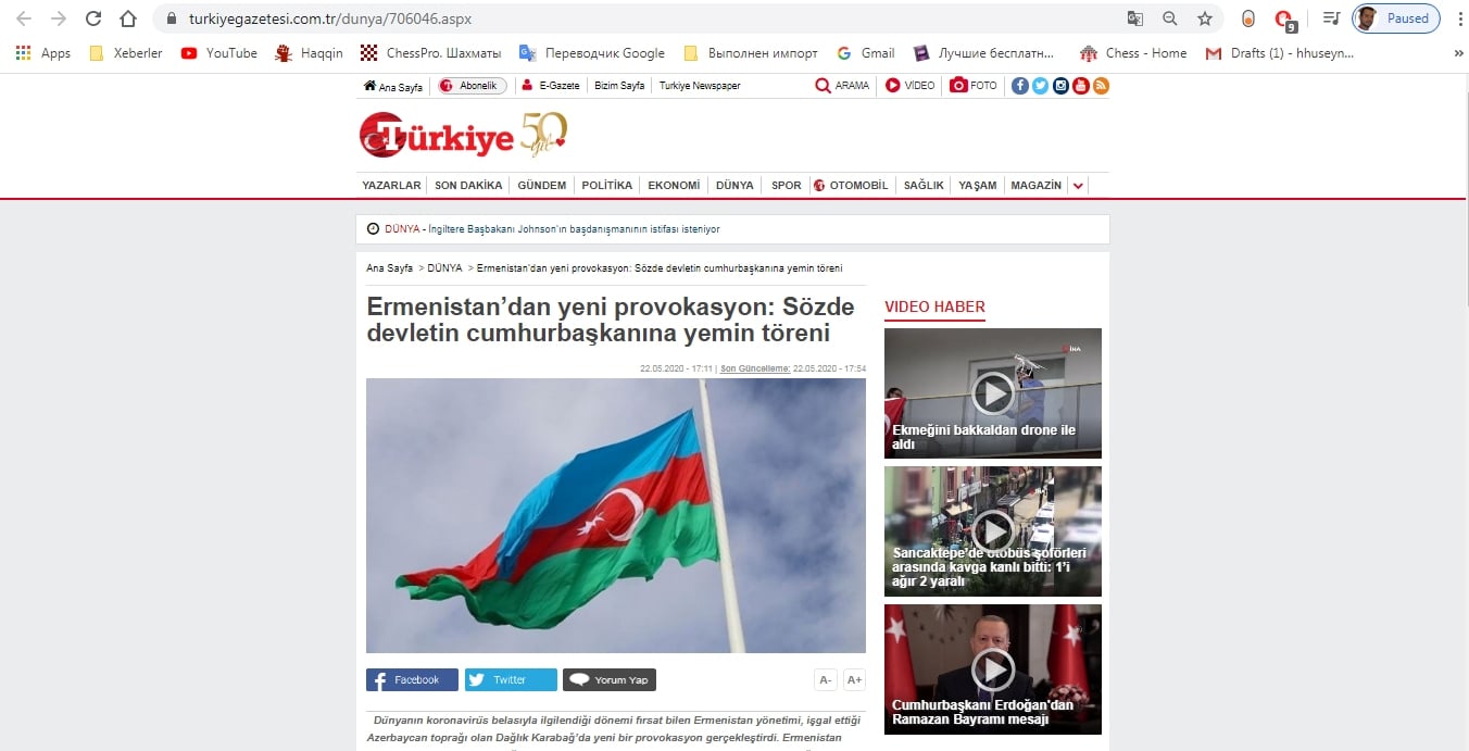 Türkiyə KİV: “Ermənistanın ilhaqçı siyasəti bütün dünya üçün təhlükəli tendensiyadır”