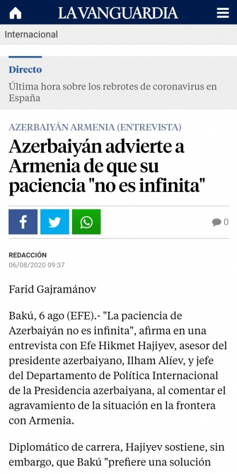 “Lavanguardia” qəzeti: Ermənistan başa düşməlidir ki, Azərbaycanın səbri tükənməz deyil