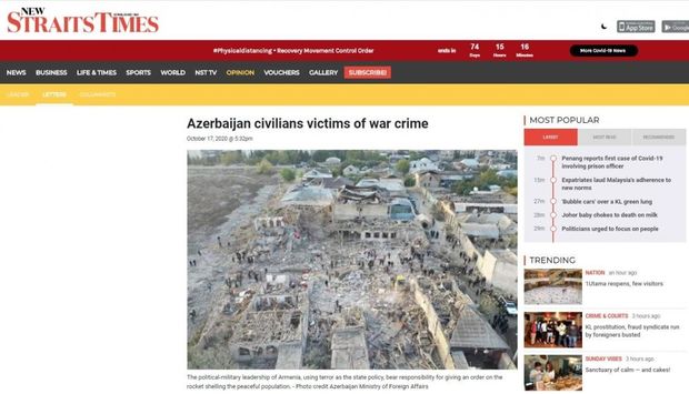 Malayziya qəzeti: “Azərbaycanın mülki əhalisi müharibə cinayətinin qurbanıdır”