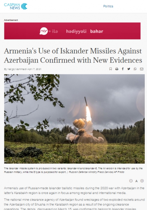 “Caspian News”da Azərbaycana qarşı “İsgəndər” raketindən istifadə olunmasından bəhs edən məqalə yerləşdirilib