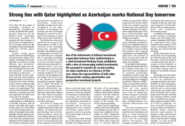 Qətər mətbuatında 28 May – Respublika Günü ilə bağlı geniş məqalələr dərc olunub