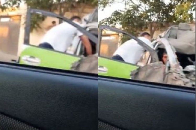 Bakıda taksi maşını qəzaya düşdü, damı qopdu - VİDEO