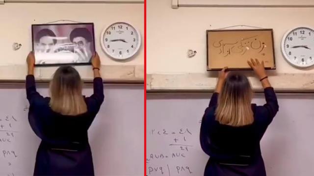 İranda məktəbli qızlar Xomeyninin şəkillərinə hücum ediblər
