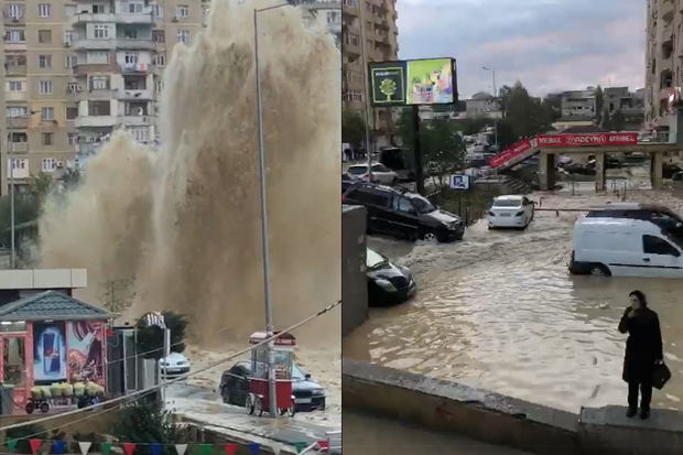 Yasamalda su borusu partlayıb, ətrafı su basıb - VİDEO