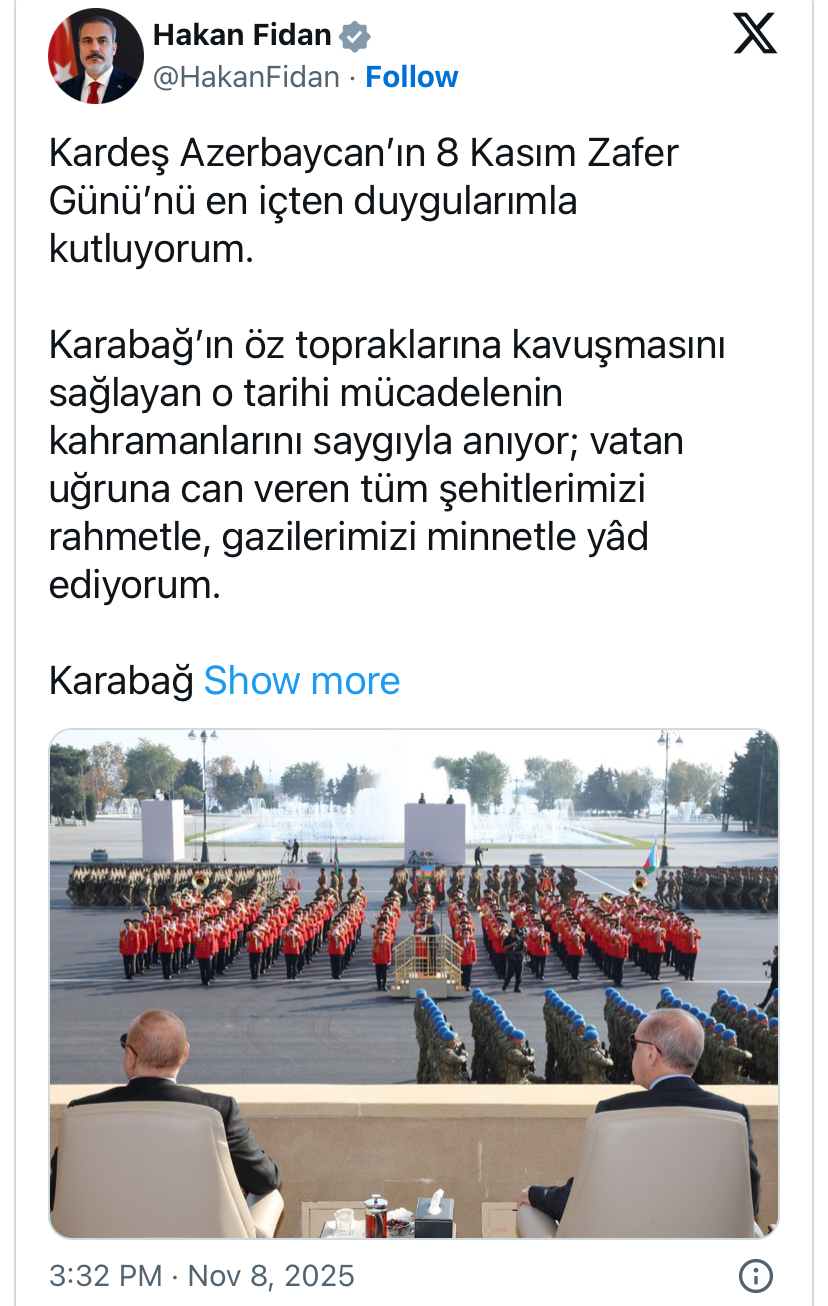 Hakan Fidan Azərbaycanı "Zəfər Günü" münasibətilə təbrik etdi