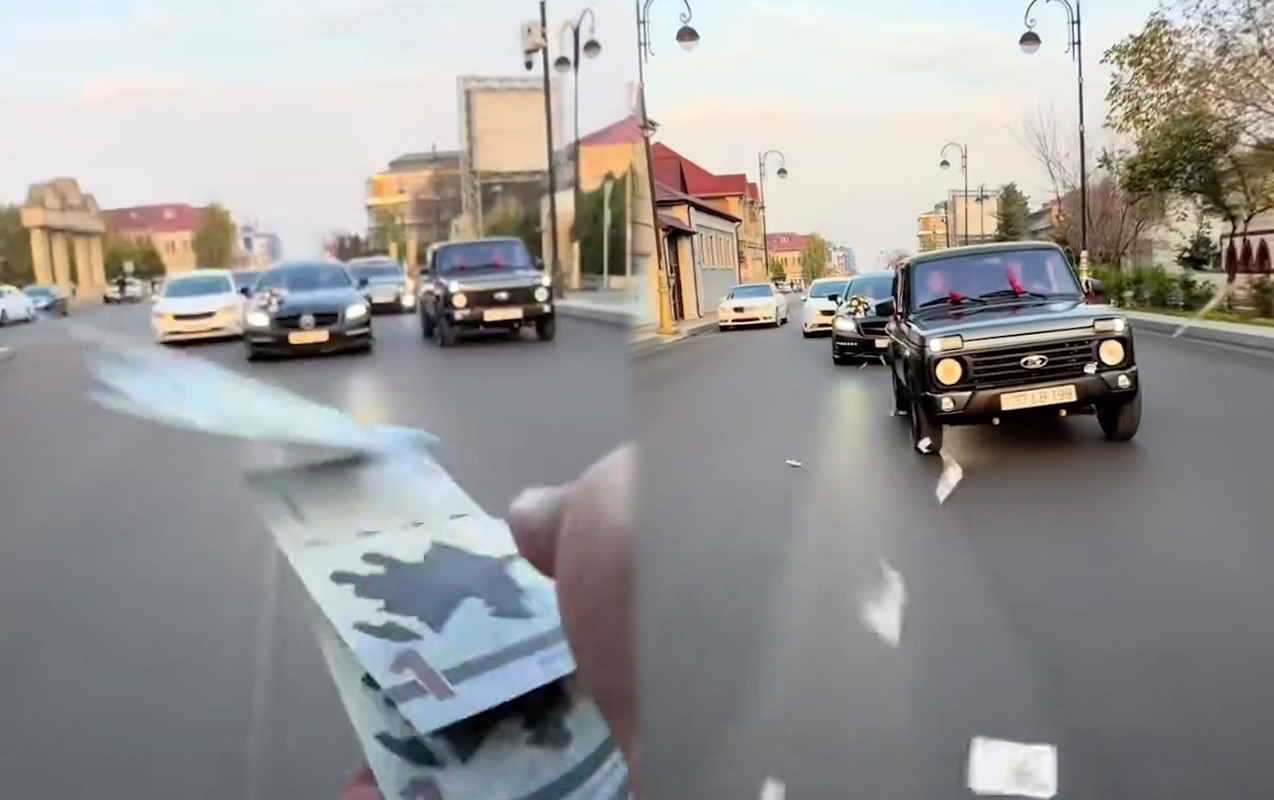 Toy karvanında “avtoş”luq edib yola pul səpdilər - VİDEO