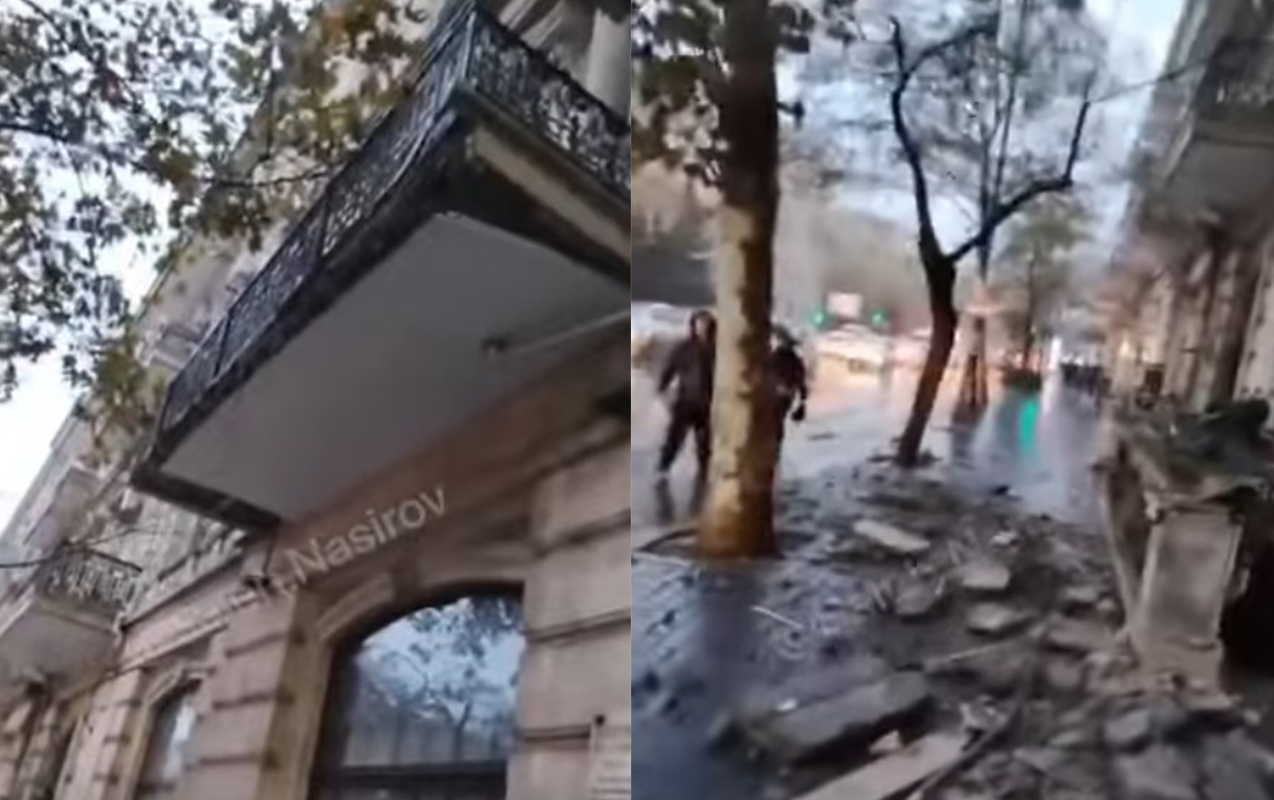 Bakının mərkəzində eyvan uçdu - Yoldan keçən qadın yaralandı - Video