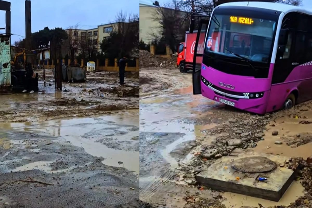 Sumqayıtda məktəbin qarşısında acınacaqlı vəziyyət: Yol keçilməz olub
