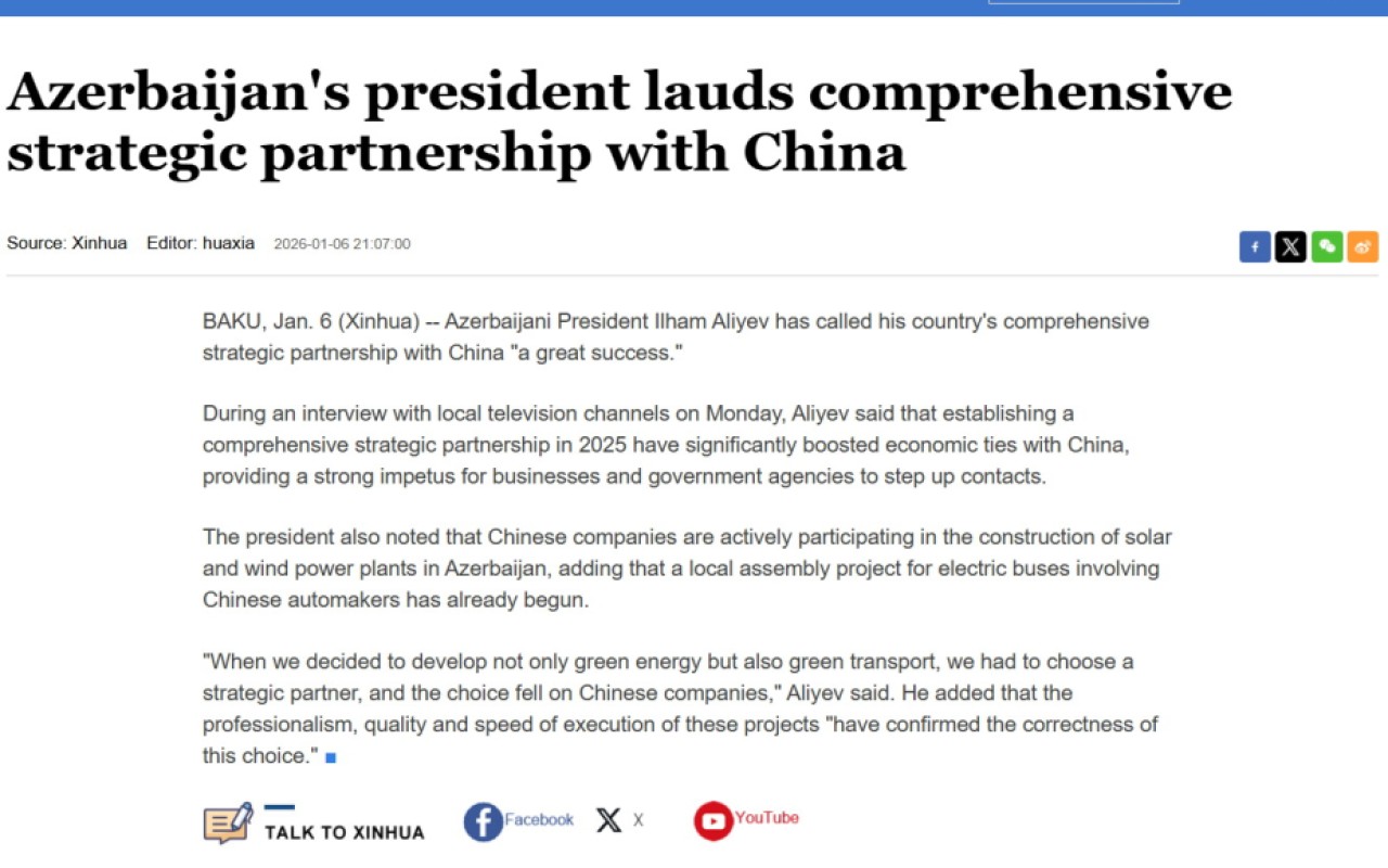 Çin mediası İlham Əliyevin Çinə dair fikirlərindən yazdı