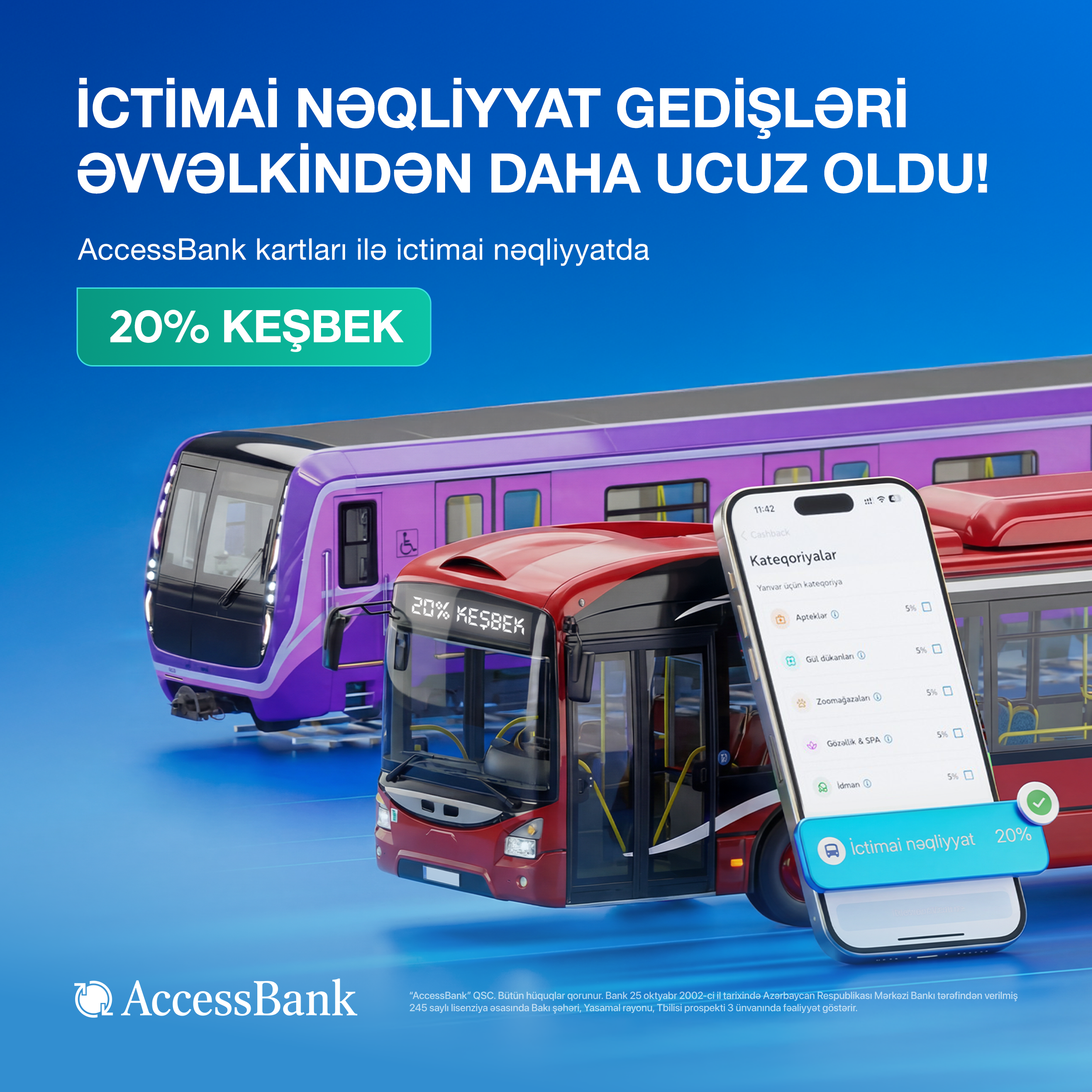 AccessBank kartları ilə ictimai nəqliyyatda ödənişlərə 20% keşbek imkanı!