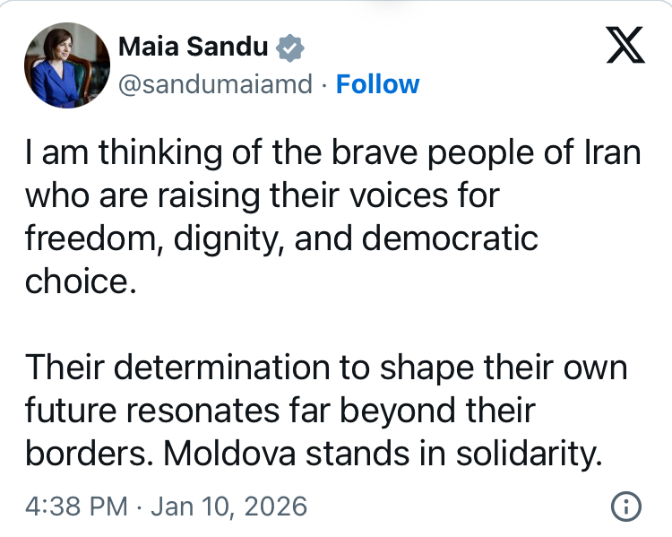 Maya Sandu: İranda səslərini demokratik seçim üçün qaldıran cəsur insanlarla həmrəyik