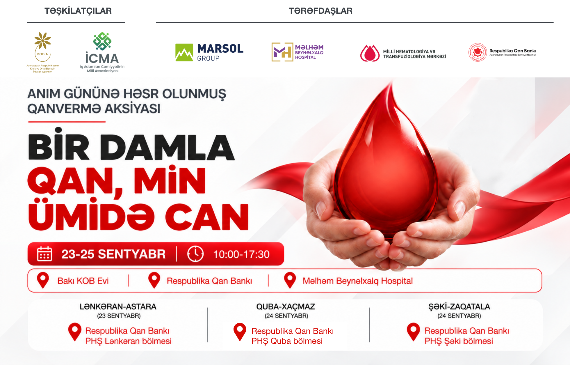 “Bir damla qan, min ümidə can” – 4 şəhərdə qanvermə aksiyası keçiriləcək