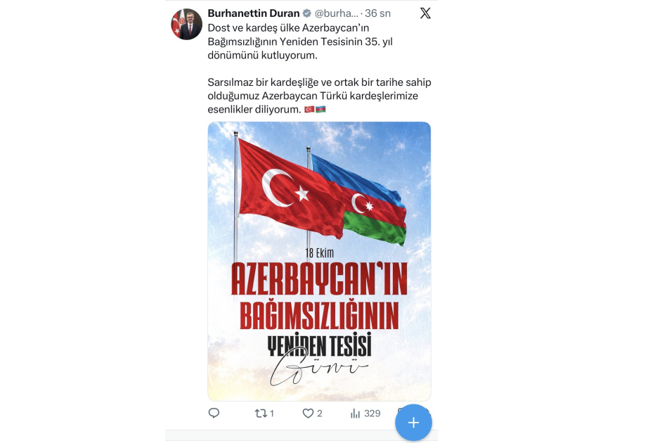 "Sarsılmaz qardaşlıq bağlarına sahib olduğumuz Azərbaycana firavanlıq arzulayıram"