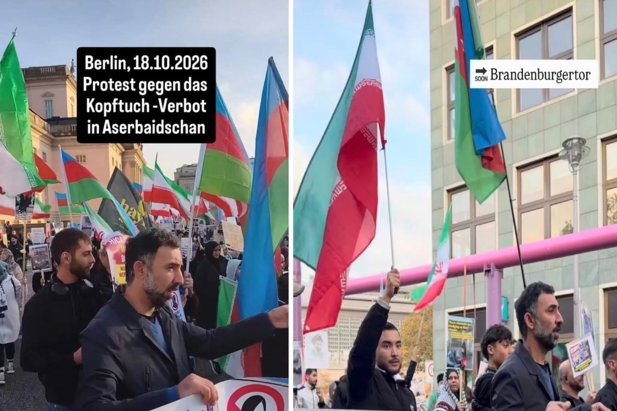 İran bayraqları, fars dilində şüarlar... - Almaniyadakı aksiyada diqqətçəkən MƏQAMLAR