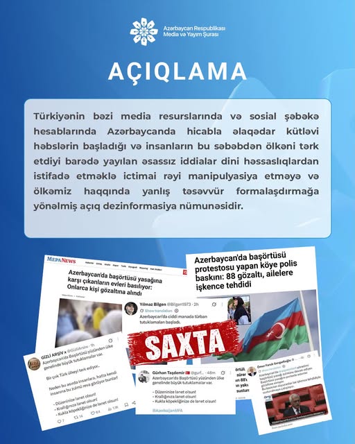 Media və Yayım Şurası Azərbaycan haqqında saxta məlumatların yayılmasını qətiyyətlə pisləyib
